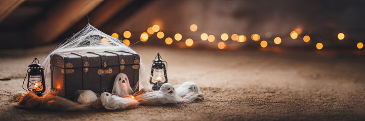 Spooky Halloween Scene Trunk Ghosts Lanterns Web Lights