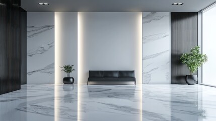 Modern lobby with marble floors, walls, and a black leather sofa.