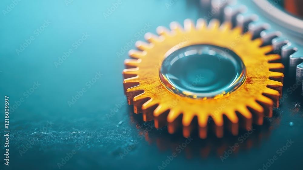 Poster intricate close up of a metallic gear wheel highlighting its detailed textures and complex design in