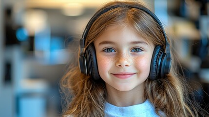 Young Girl Wearing Headphones Listening to Music