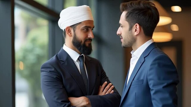 Diverse Business Professionals Engaging in Friendly Conversation in Modern Office Setting, Highlighting Cultural Exchange and Professional Networking