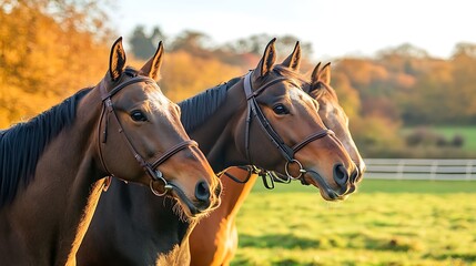 Obraz premium Three Majestic Horses in Autumnal Pasture