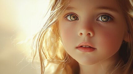 Close-up portrait of a cute girl with blonde hair and big expressive eyes.