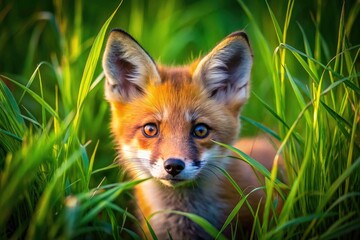 Naklejka premium Aerial Fox Kit Photography - Cute Wildlife Image, Orange Fur, Green Grass, Baby Fox, Nature Photography, Animal Portrait, Wild Animal, Summer Wildlife