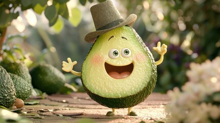 Happy cartoon avocado wearing a hat in a garden.