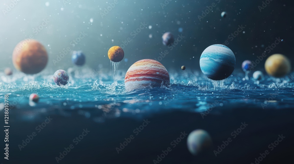 Poster Breathtaking View of Celestial Bodies Reflected in Tranquil Water with Surreal Colors Creating a Dreamlike Atmosphere in a Natural Setting
