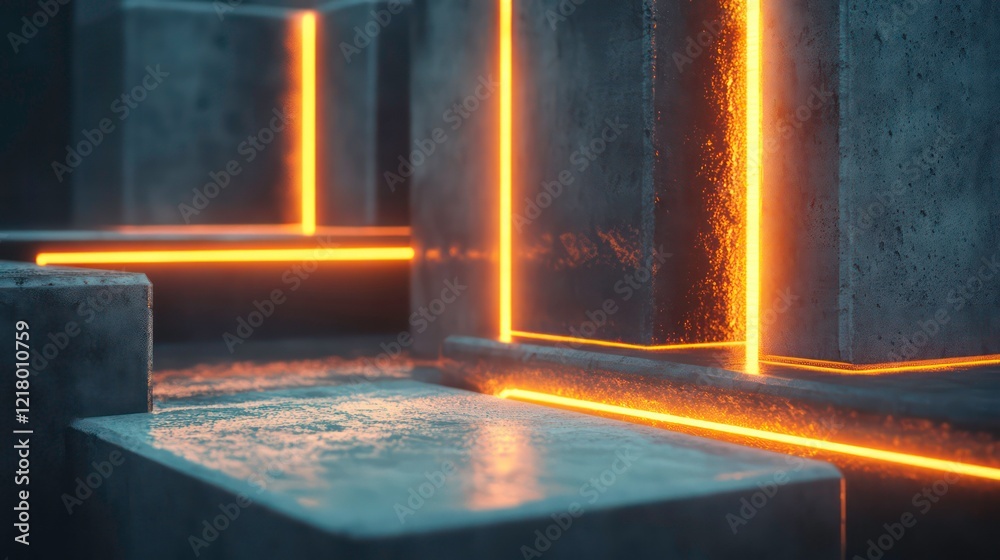 Poster abstract concrete structure with glowing orange neon lines.