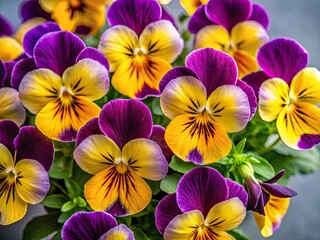 Aerial View Purple Yellow Pansy Flowers Gray Background Stock Photo