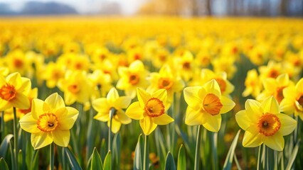 Fototapeta premium Daffodil Field in Full Bloom, bright yellow flowers, daffodil field