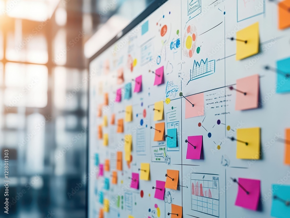 Poster a creative office space with a large board full of colorful pushpins and diagrams