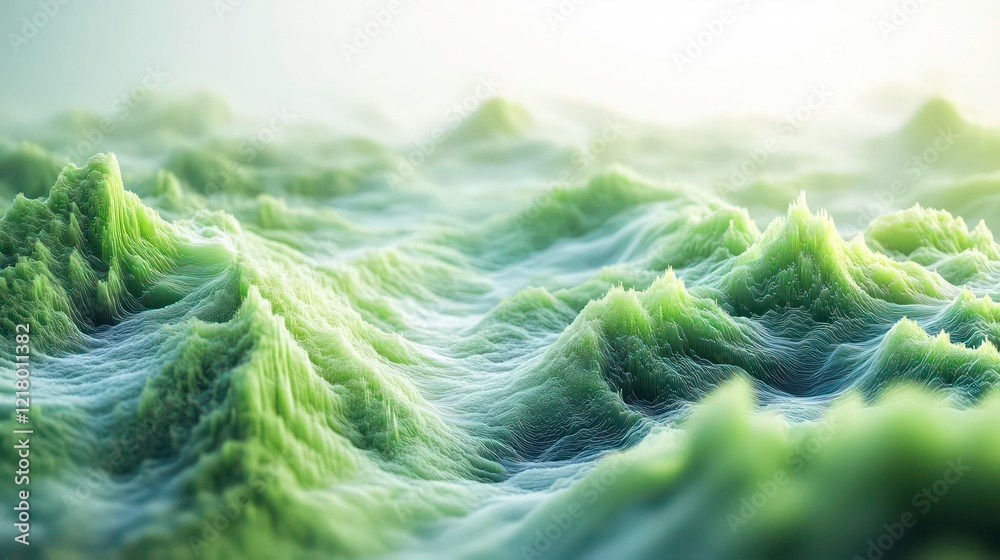 Poster abstract green landscape with soft, undulating hills and a hazy atmosphere.