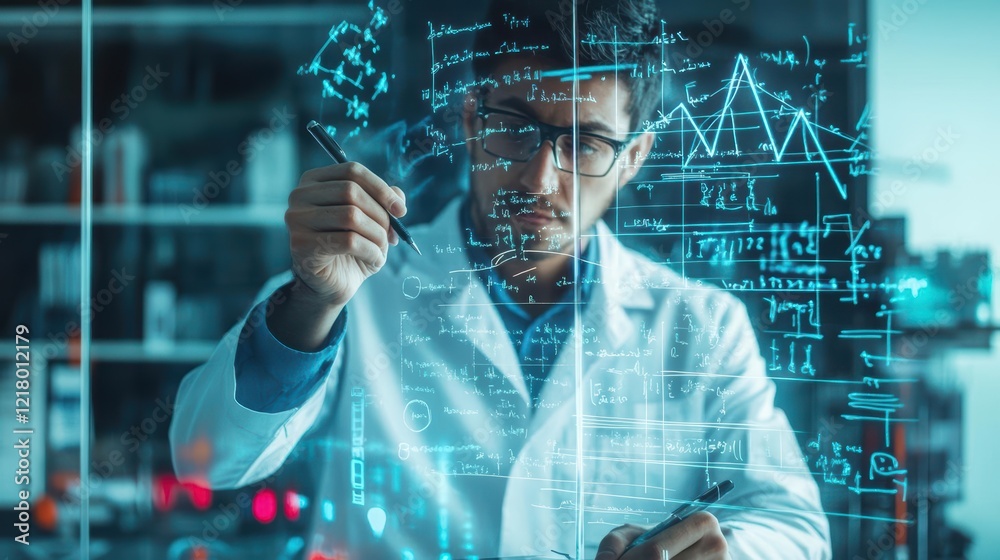 Poster focused scientist in lab coat analyzing digital diagram on screen surrounded by innovative equipment