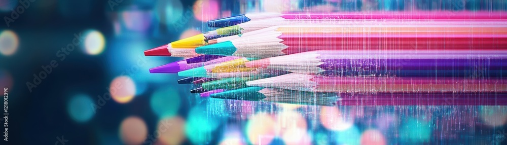 Poster Vibrant Array of Colored Pencils Displayed Artistically on a Wooden Surface Inviting Creativity and Imagination in a Bright and Inspiring Workspace