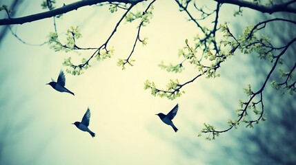 Three Birds Flying Through a Branch of Blossoms