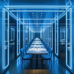 Fototapeta premium Blue-lit restaurant interior, long table, futuristic design, city backdrop, dining