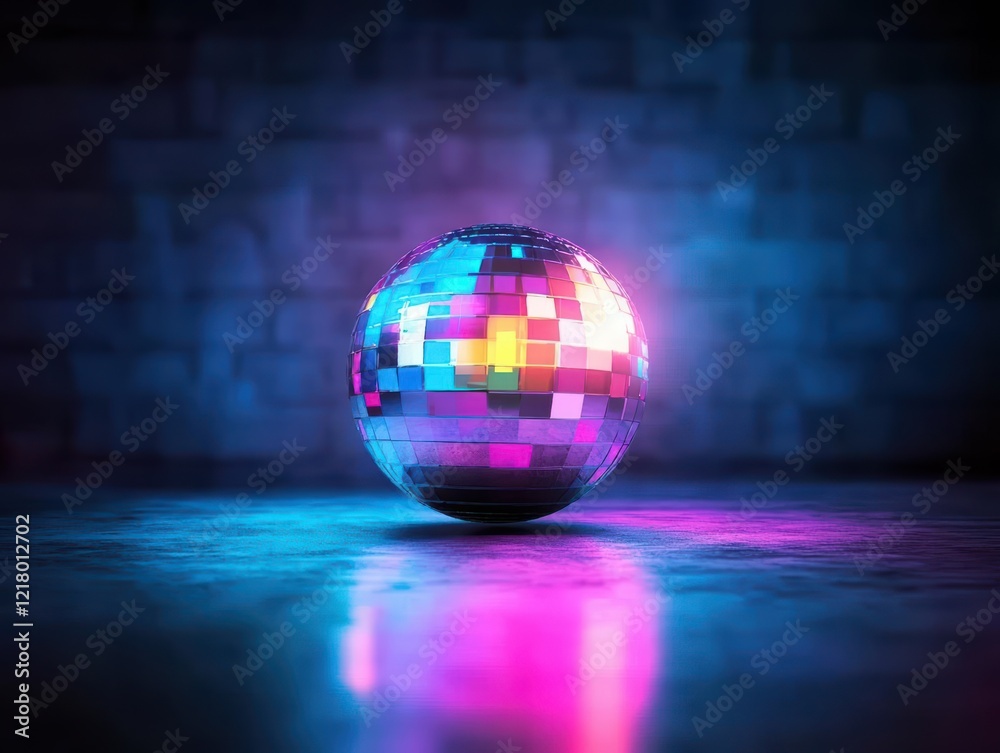 Poster vibrant disco ball illuminated by multicolored lights creating a lively and energetic atmosphere in 