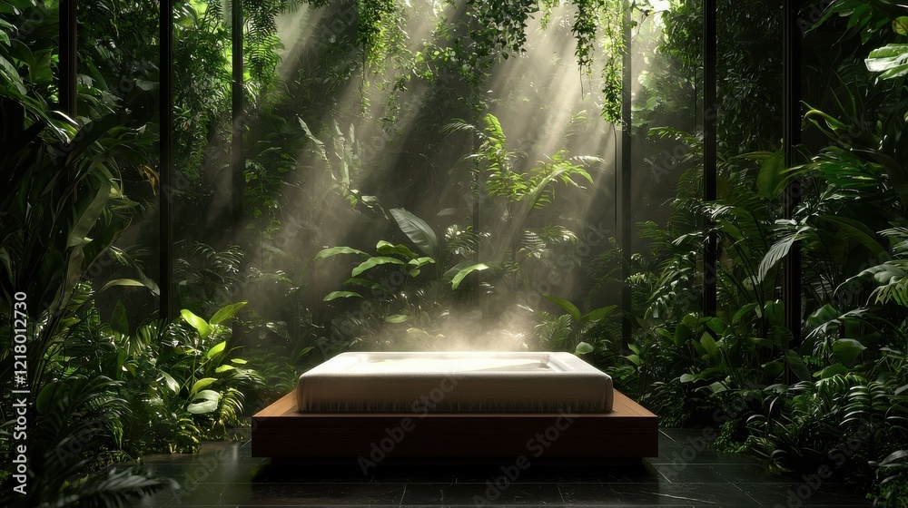 Aufkleber a tranquil setting with a spa bed surrounded by natural greenery and soft light