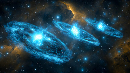 Fototapeta premium Cosmic Nebula Three glowing elliptical galaxies in deep space