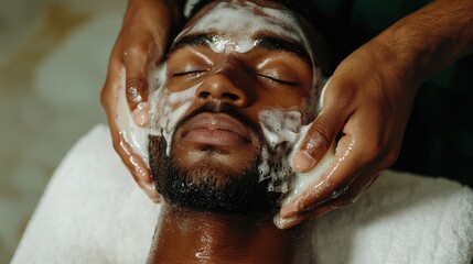 A serene image of a man preparing for a deep cleansing facial