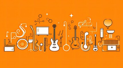 Fototapeta premium A vibrant illustration of various musical instruments and notes on an orange background.