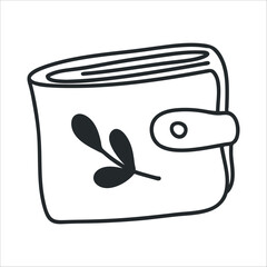 Simple hand drawn closed wallet for cash money storage. Outline woman billfold sketch. Payment, shopping, finance concept doodle element for icon, logo design.