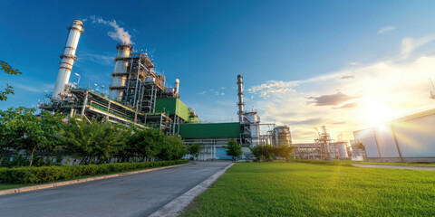 Fototapeta premium modern industrial factory with green structures, surrounded by trees and grass, under bright blue sky
