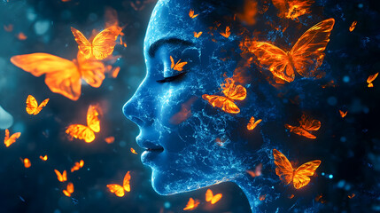Ethereal Portrait of a Woman with Radiant Blue Skin Surrounded by Glowing Orange Butterflies in a Mystical Environment