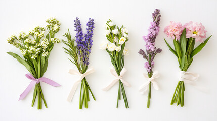 Fototapeta premium flatlay photo of five small bouquets with purple lavender white flowers and pink flowers tied with white and lavender ribbon on a white background