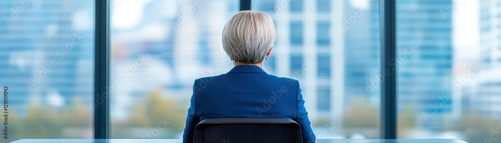 Aufkleber contemplative woman sitting at a desk gazing outside through a window surrounded by natural light cr