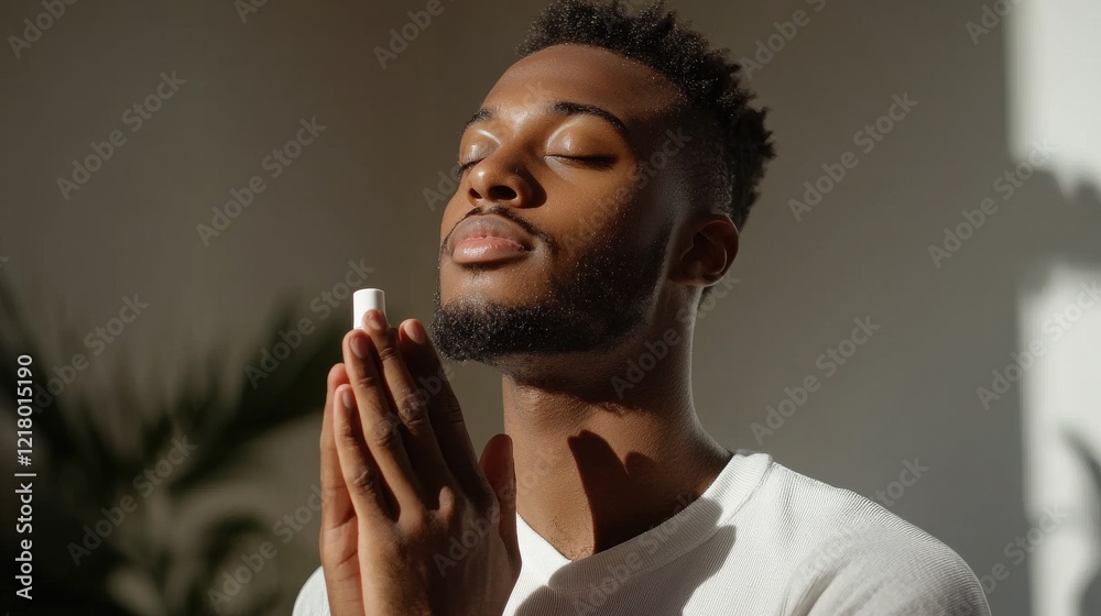 Poster a man applying moisturizer in the morning light, showcasing a minimalistic routine