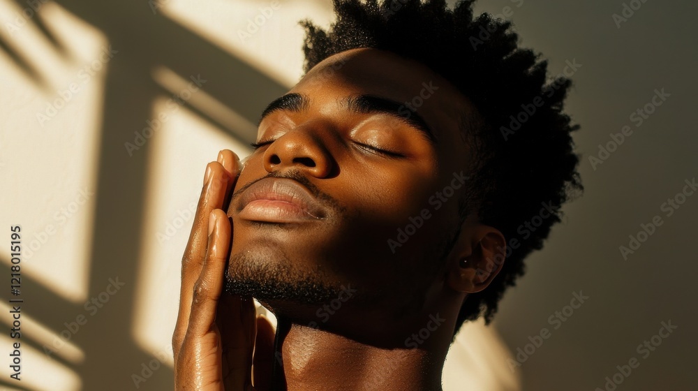 Poster a man applying moisturizer in the morning light, showcasing a minimalistic routine