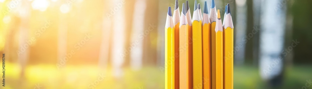 Aufkleber Colorful Pencils Arranged Neatly on Forest Ground Surrounded by Lush Greenery and Sunlight Filtering Through Tree Canopies Creating a Calm Vibe