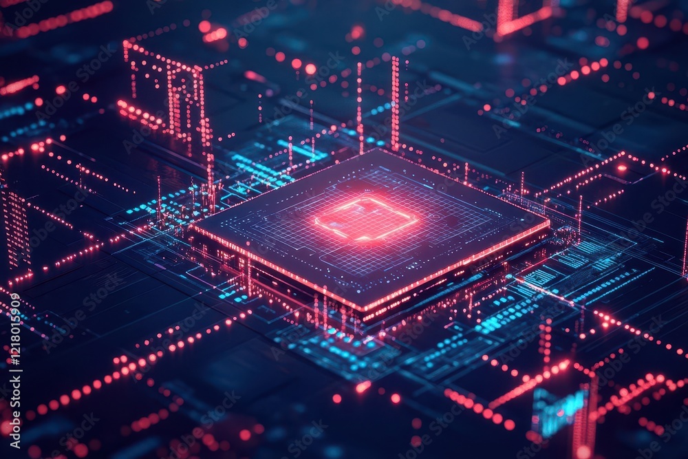 Poster A futuristic AI hub visualized as a glowing digital core surrounded by streaming data, abstract and vibrant
