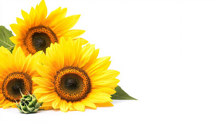 Obraz premium three bright yellow sunflowers isolated on white background