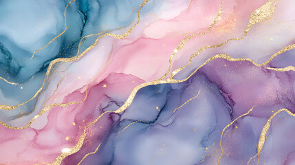vibrant abstract watercolor background with soft blending of pink, blue, and purple hues, accented by shimmering gold lines creating fluid and dynamic composition