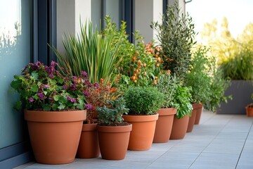 Fototapeta premium Vibrant potted plants on modern patio. Ideal for home decor, gardening, or real estate.