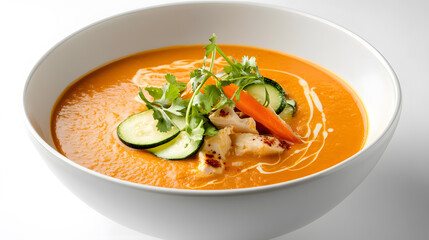 white ceramic bowl of creamy orange soup garnished with zucchini slices, cilantro, and drizzle of cream, creating fresh and appetizing presentation
