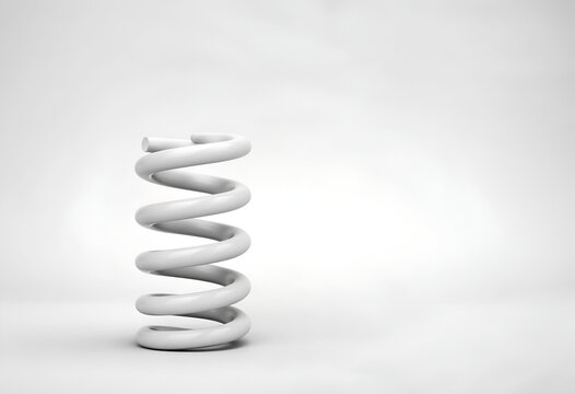 A solitary white spiral spring stands on a plain white background. Its smooth, cylindrical coils form a simple, elegant geometric shape. The image evokes a sense of minimalism and modern art.