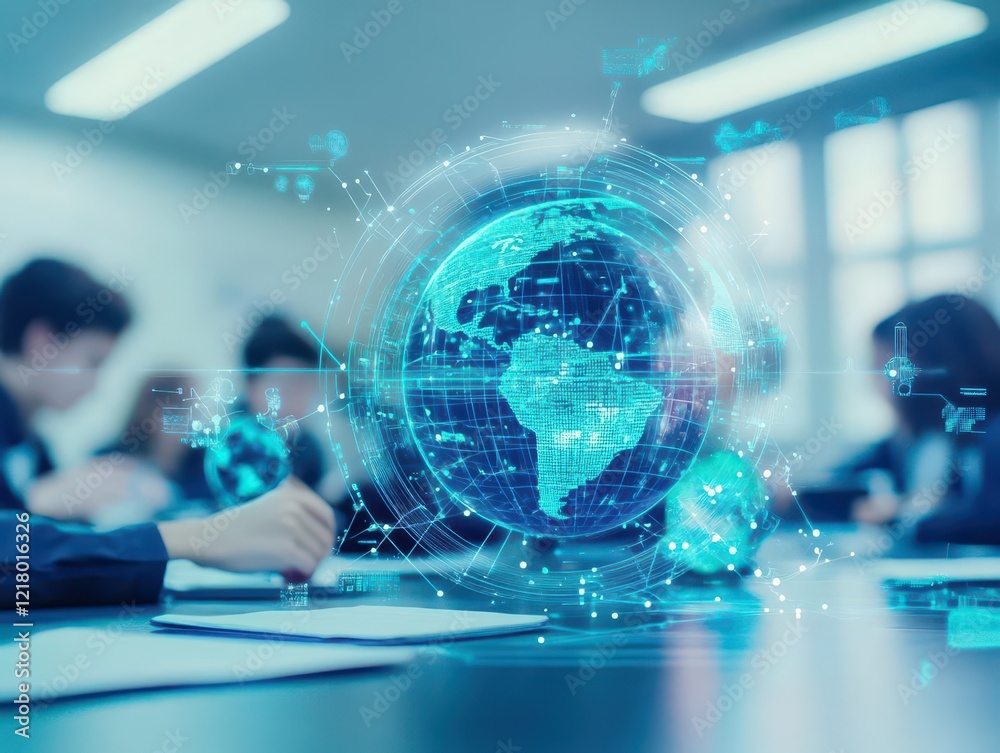 Aufkleber a futuristic classroom with students interacting with holographic globes and ar technology, dynamic 