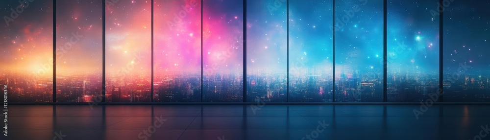 Aufkleber a cozy room with panoramic view of a vibrant cityscape illuminated by night lights under a starry sk