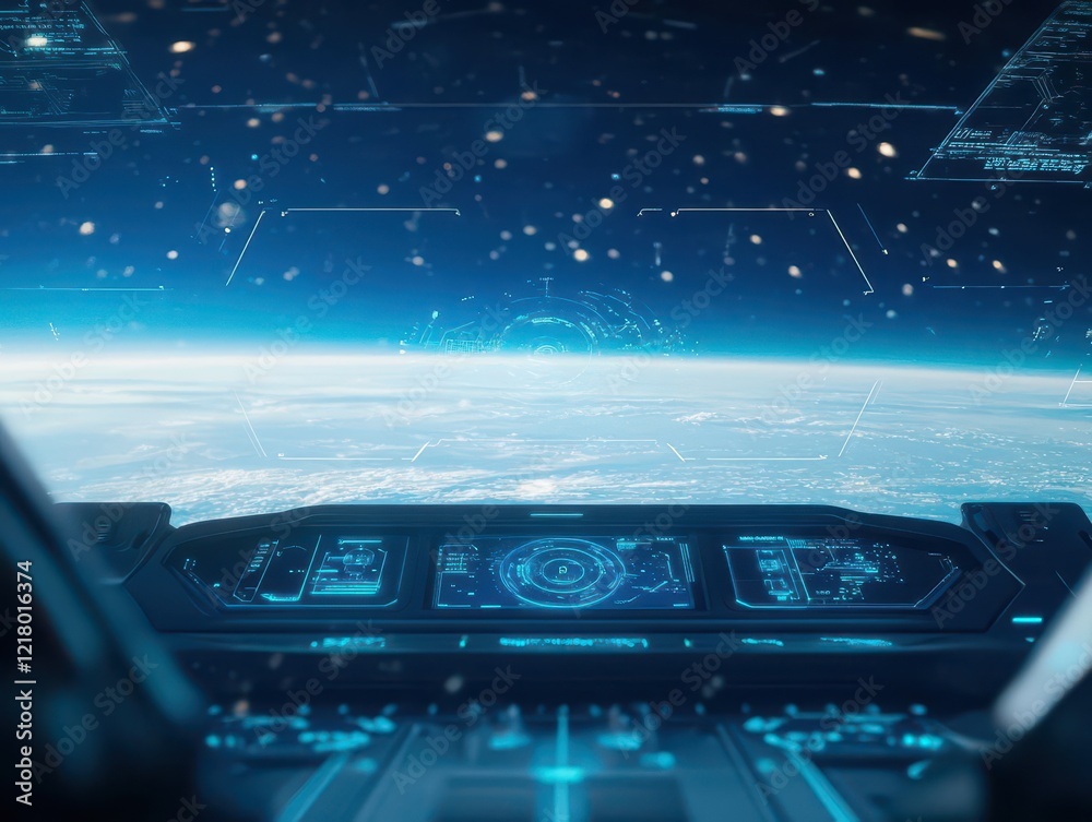 Poster a futuristic cockpit with holographic displays and advanced navigation systems