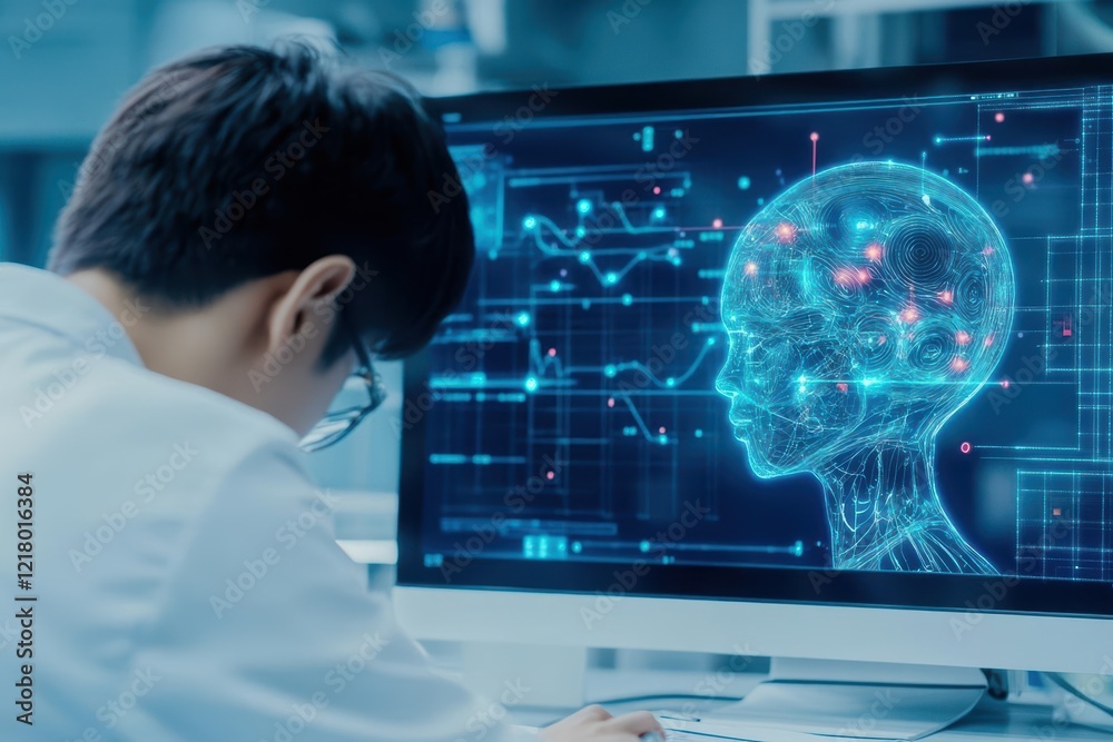 Poster Focused Man Analyzing Computer Screen Displaying Detailed Brain Scan in a Dimly Lit Room with a Calm and Thoughtful Atmosphere for Medical Research
