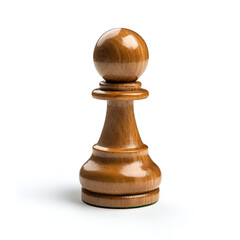 A single, light brown wooden chess pawn stands isolated against a white background. The piece is polished and shows its grain.