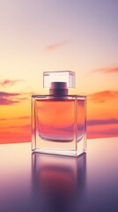 Highlight the allure of a blank transparent perfume bottle set against a dreamy gradient of sunset and dawn skies, creating a serene and captivating backdrop for elegant product mock-up photography.