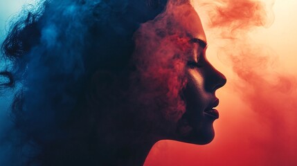 Studio shot of beautiful woman with colored smoke around her face