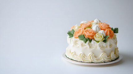 beautifully decorated cake with intricate floral designs and creamy frosting sits on white plate, showcasing elegant craftsmanship and inviting sweetness