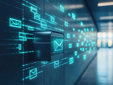 A futuristic mailbox embedded in a smart wall with letters projected digitally