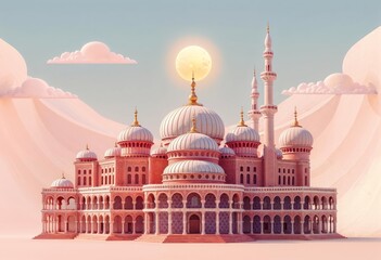 Fototapeta premium Mosque with multiple domes and minarets the design includes clouds and a sun, ramadhan background
