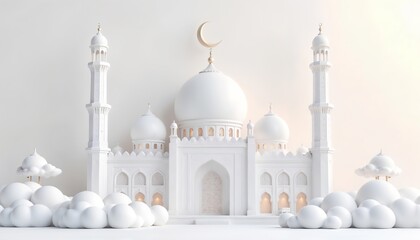 Obraz premium Stylized mosque and Islamic architectural elements in white against a soft gradient background