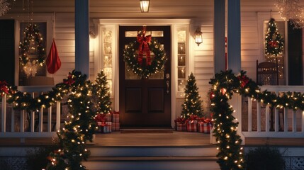 Holiday-themed front porch decorations. Featuring a welcoming porch adorned with festive decorations for the holiday season. Emphasizing a warm and inviting atmosphere.